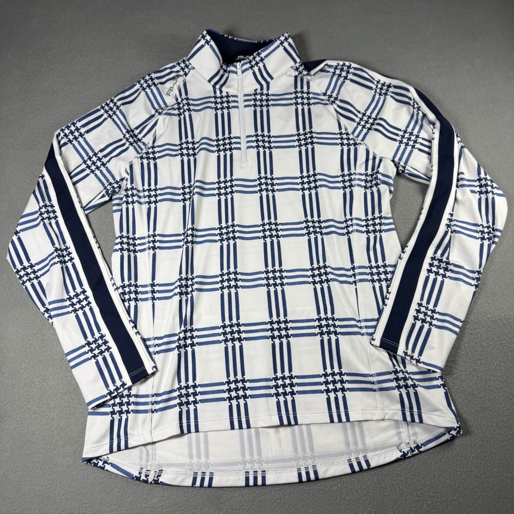 RLX Ralph Lauren Womens L 1/4 Zip Plaid Golf Top Navy White Houndstooth Top
